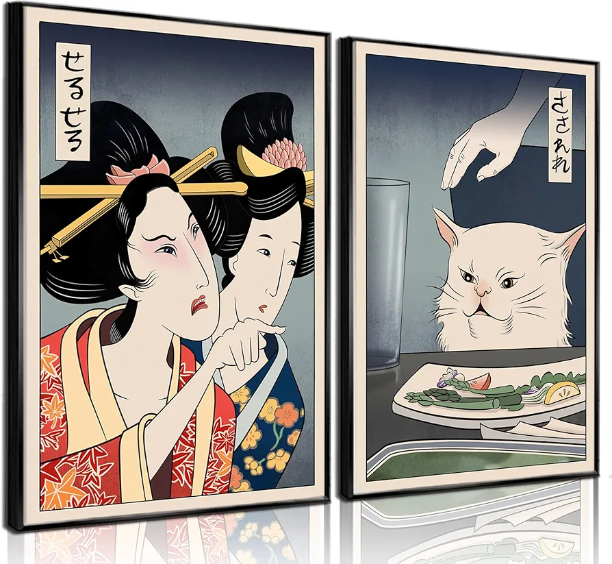 2Pcs Cute Funny Japanese Cat Wall Art Woman Yelling at Cat Posters Prints Vintage Japanese Canvas Paintings japanese Wall Decor Pictures Living Room Dining Room Kitchen Decoration Unframed