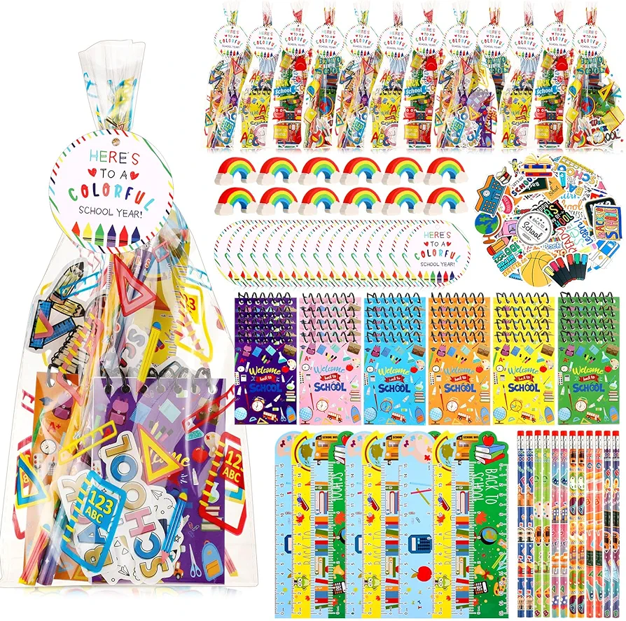 24 Set Back to School Stationery Set for Students, First Day of School Treat Bags Mini Notebook Pencil Ruler Eraser Sticker Welcome to School Gifts for Classroom Gifts Goodie Bags Fillers