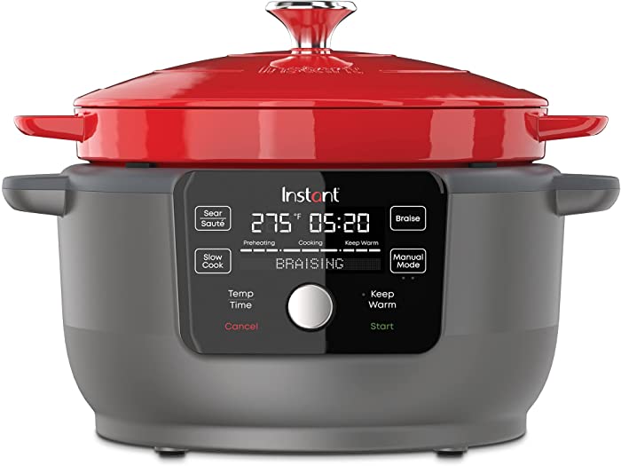 Instant Electric Precision Dutch Oven, 5-in-1: Braise, Slow Cook, Sear/Sauté, Cooking Pan, Food Warmer, Enamel Coated, Cast Iron, 6-Quart, 1500W, Red