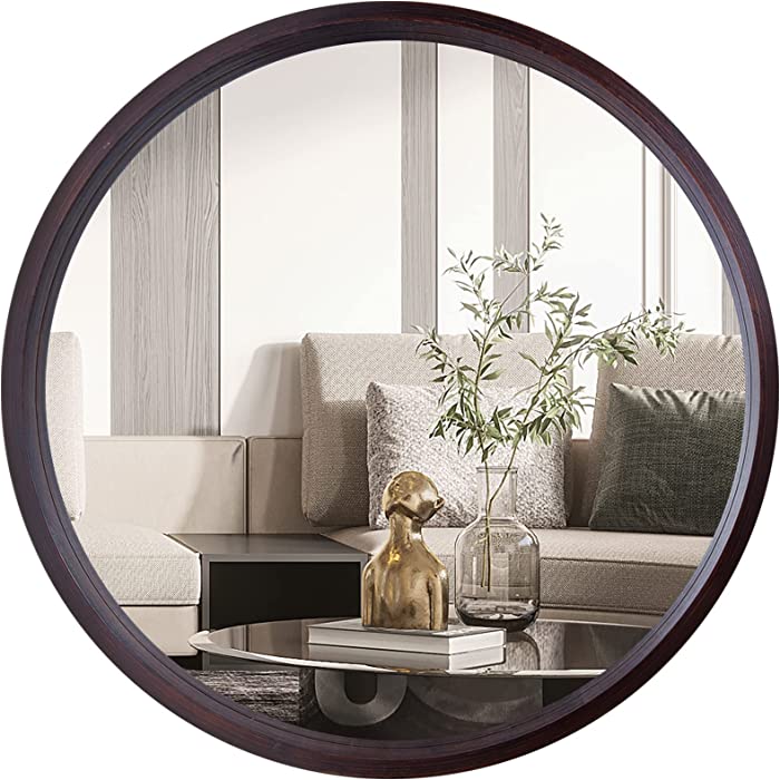 CASSILANDO Round Mirror, 24Inch Wood Circle Wall Mirror, Large Round Decorative Mirror, Round Vanity Mirror for Living Room, Bathroom, Bedroom, Entryway, Walnut Brown