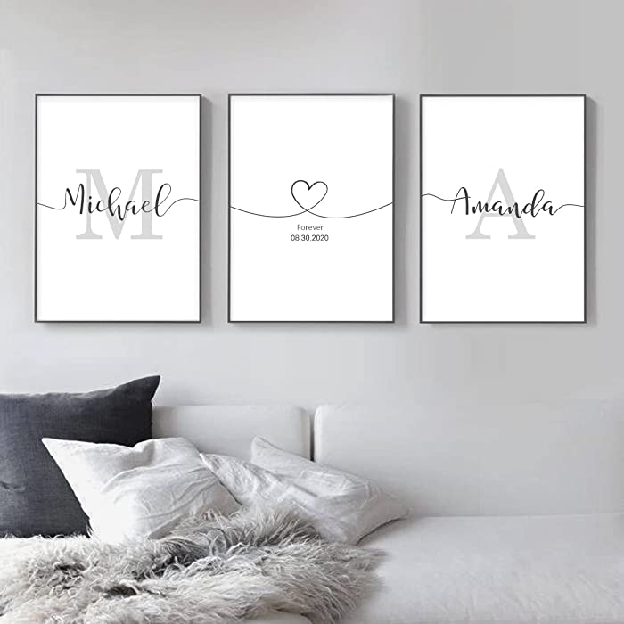 Set Of 3 Wall Art Decor, Custom Couples Sign Initials Name and Date Print Pictures Unframed, Wall Decorations for Home Living Room Master Bedroom Bathroom, Above Bed Artwork, Engagement & Wedding Gifts (Multiple Size)