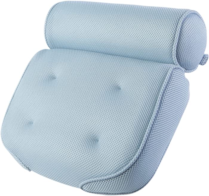 Bath Pillow Bath Cushion Head, Relaxing Bath Pillow for Bath Neck and Back Support, Soft 3D Mesh and Powerful Suction Cups (Blue)