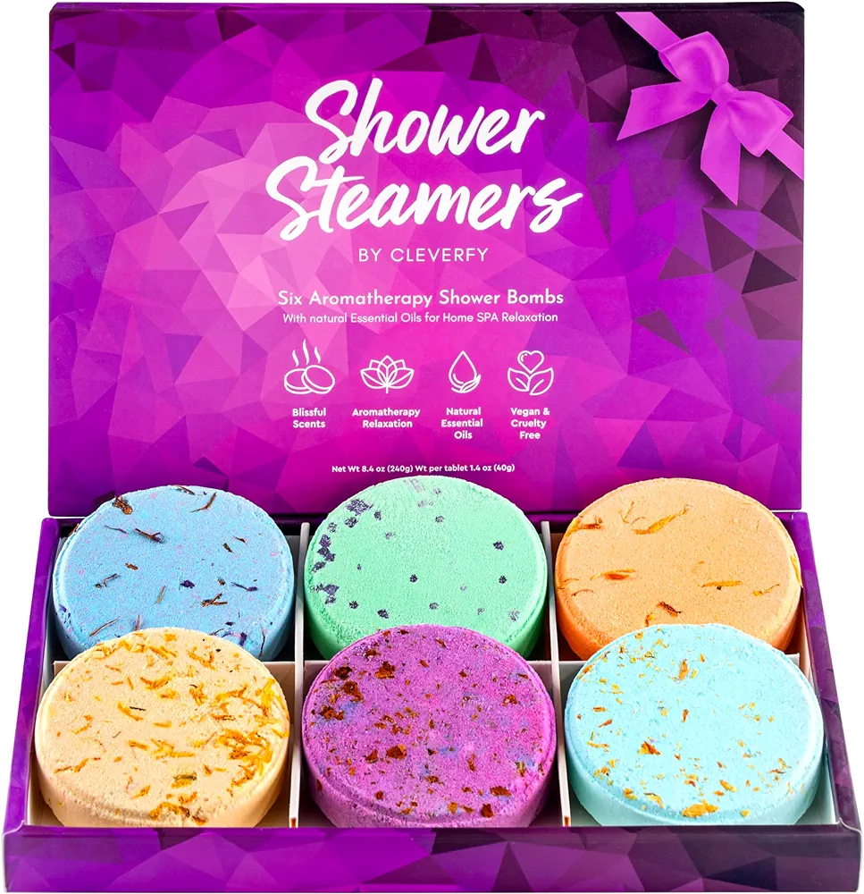 Cleverfy Shower Steamers Aromatherapy - Variety Pack of 6 Shower Bombs with Essential Oils. Self Care Christmas Gifts for Women and Stocking Stuffers for Adults and Teens. Purple Set