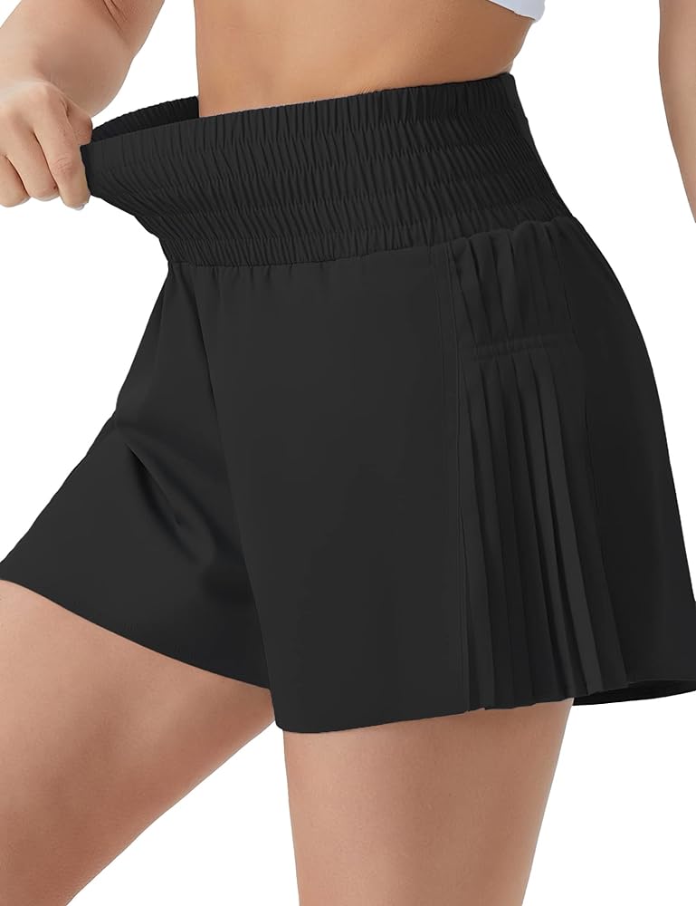 THE GYM PEOPLE Women's High Waist Workout Shorts Side Pleated Athletic Running Shorts with Mesh Liner Zip Pocket