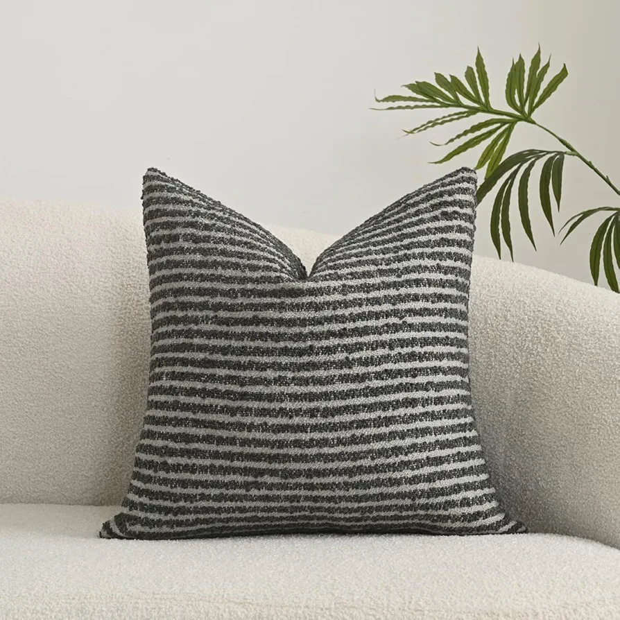 Textured Boucle Throw Pillow Covers 20x20 Inch Accent Striped Pillow Cases Cozy Decorative Modern Farmhouse Cushion Case for Chair Sofa Bedroom Living Room Home Décor, Black…