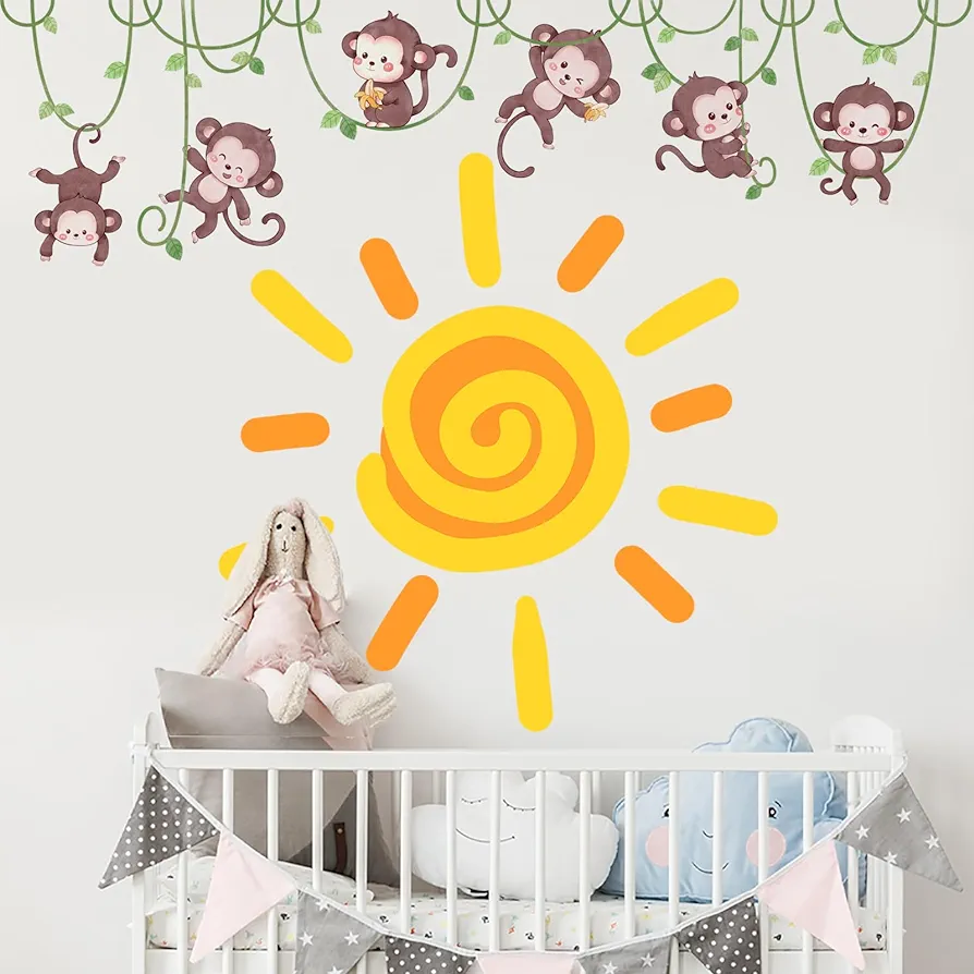 35.4x35.4 in Boho Sun & 6 Monkey Wall Stickers, Sunshine Jungle Safari Wall Decals for Kids Baby Boys Room Nursery Wall Decor Home Decoration for Bedroom Playroom