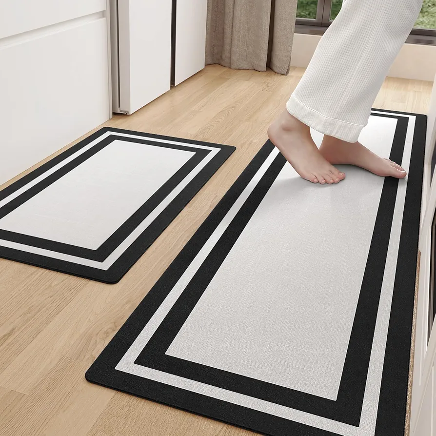 Color G Kitchen Runner Rug Kitchen Rugs Sets of 2- Non Slip, Absorbent, Stain-Resistant, Easy to Clean- 17”x29”+17”x59” Black Kitchen Floor Mat Laundry Room Rug for in Front of Washer Dryer