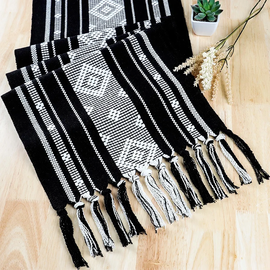 Boho Cotton Table Runner 14x63 Inch, Rustic Farmhouse Macrame Table Runner with Tassels, Black and White Woven Table Runner for Dining Room,Holiday Party, Bridal Shower and Wedding Decoration.