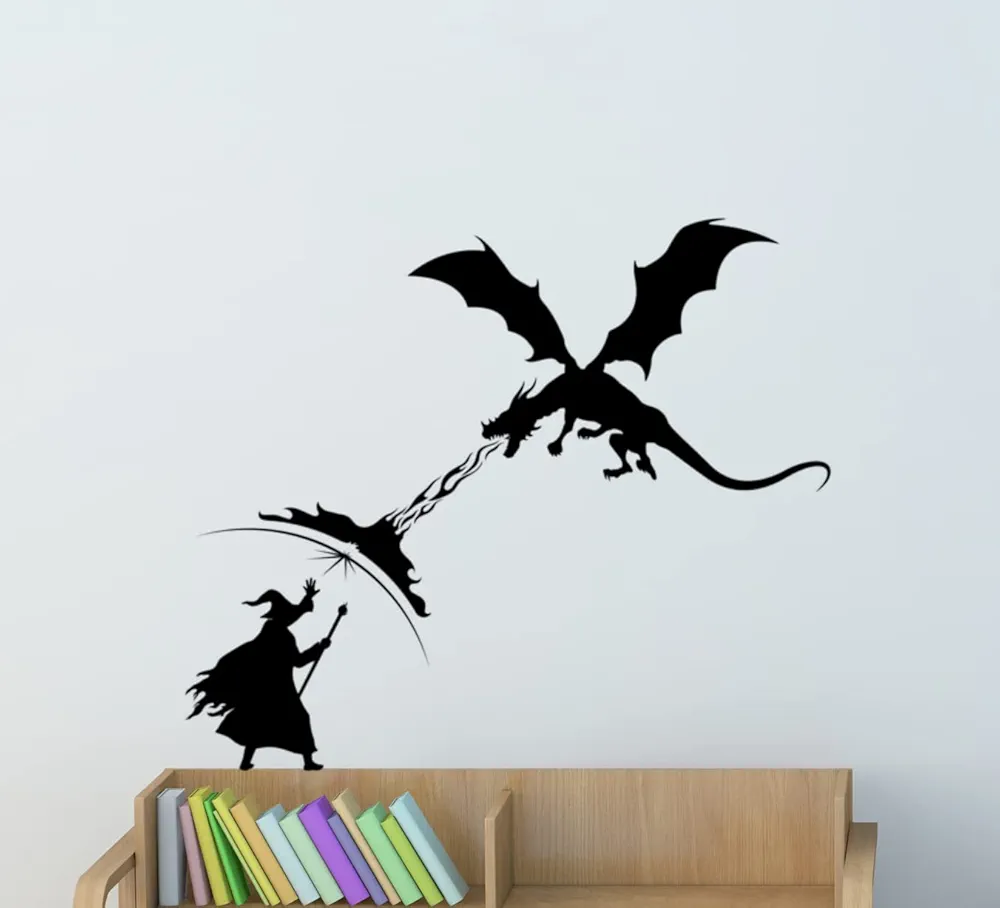 Wizard Dragon Battle Wall Decal Fantasy Theme Video Game Room Boy Girl Bedroom Decor Medieval Sorcery Wand Magic Merlin Warlock Student (15 inches tall X 18 inches wide)