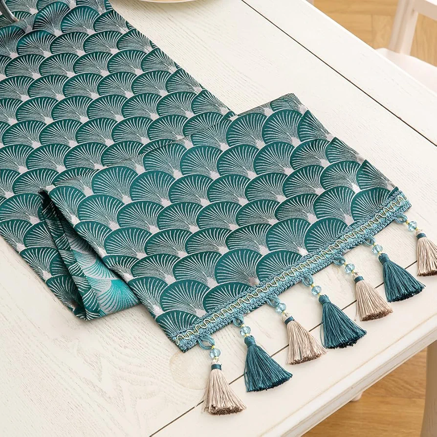 Table Runner, Vintage Luxury Embroidered Floral Jacquard Damask Fabric with Multi-Tassels for Living Room Dresser Scarfs (Teal, 13x48inch)