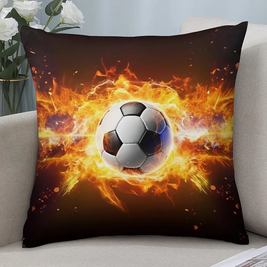 Throw Pillow Covers 14"x14" Burning Soccer Ball Pillow Covers Decorative Square Pillowcases Soft Cozy Cushion Cases for Couch Sofa Bed Bedroom Living Room