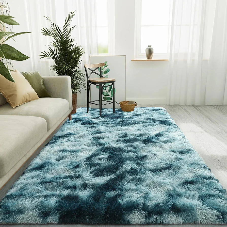 LOCHAS Luxury Fluffy Rainbow Area Rug for Girls Bedroom 5x8, Soft Fuzzy Kids Rugs for Bedroom Boys Playroom, Cute Colorful Tie Dye Princess Carpet for Nursery Living Room Home Decor, Peacock Blue