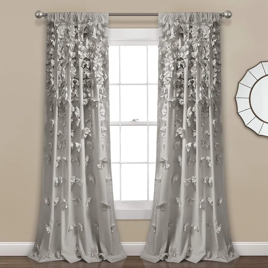 Lush Decor Riley Window Curtain Panel - Charming Handmade Bow Details - Elegant Light Filtering Single Curtain for Living Room, Dining Room, or Bedroom - 54" W x 84" L, Light Gray