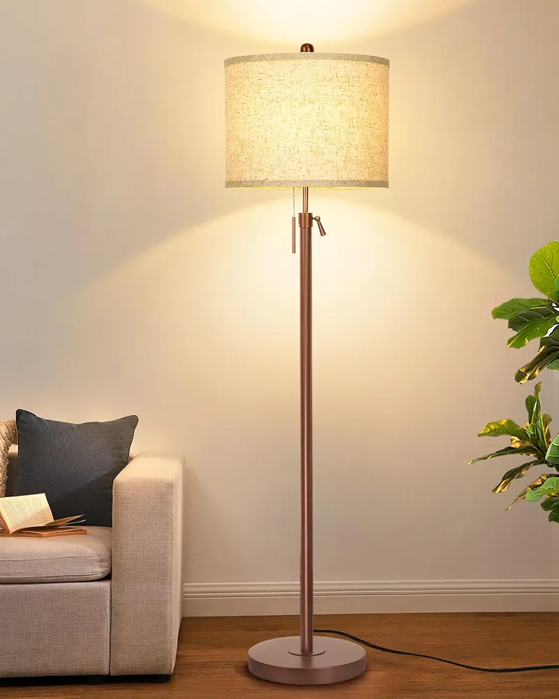 Metal Brown Floor Lamp for Living Room, Adjustable Height Standing Lamp, Pole Light for Bedroom, with Linen Shade and Metal Base, Pull Chain Switch, 3-Way 8W LED Bulb Included