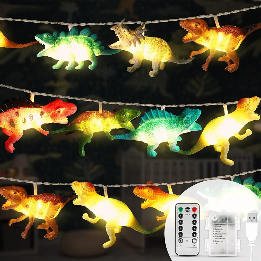 20 LED Dinosaur String Lights Room Decor for Kids, USB&Battery Operated String Lights with Remote Control, 8 Modes Realistic Looking Dinosaur Decor for Indoor Christmas Party Bedroom Nursery Toddler