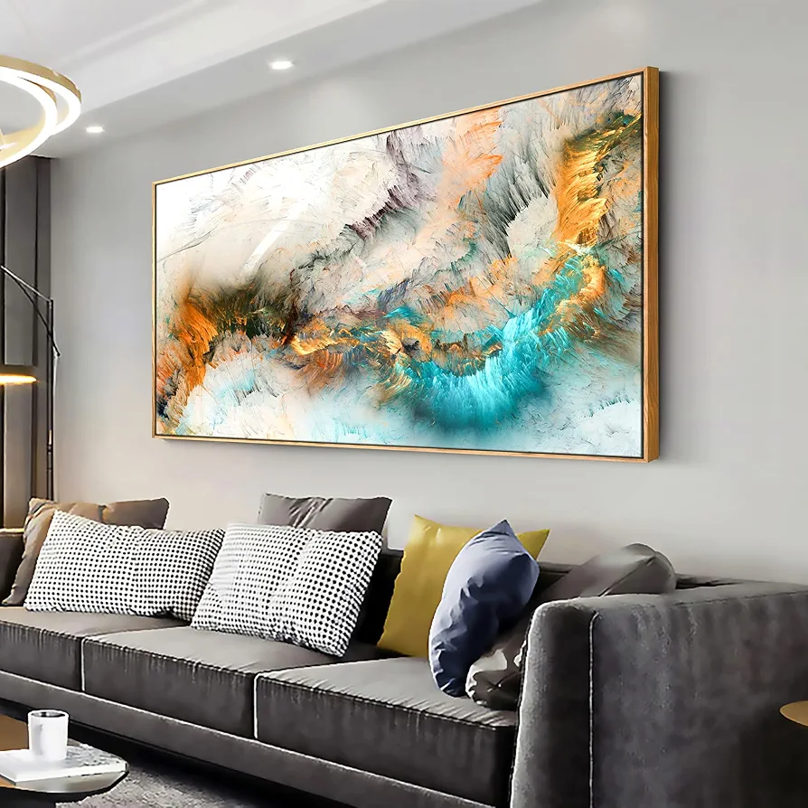 Wall Art Framed Light Gray Blue Yellow Cloud Abstract Canvas Frames - Canvas Painting Wall Art Print Poster for Living Room Decoration 30"x60" with Frame