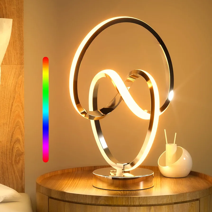 Modern Spiral RGB Table Lamp, Touch Dimmable LED Small Bedside Lamp, Modern Nightstand lamp with 10 Lighting Modes, Cool Lamps for Bedroom Living Room, Unique Lamps for Wish List, sliver