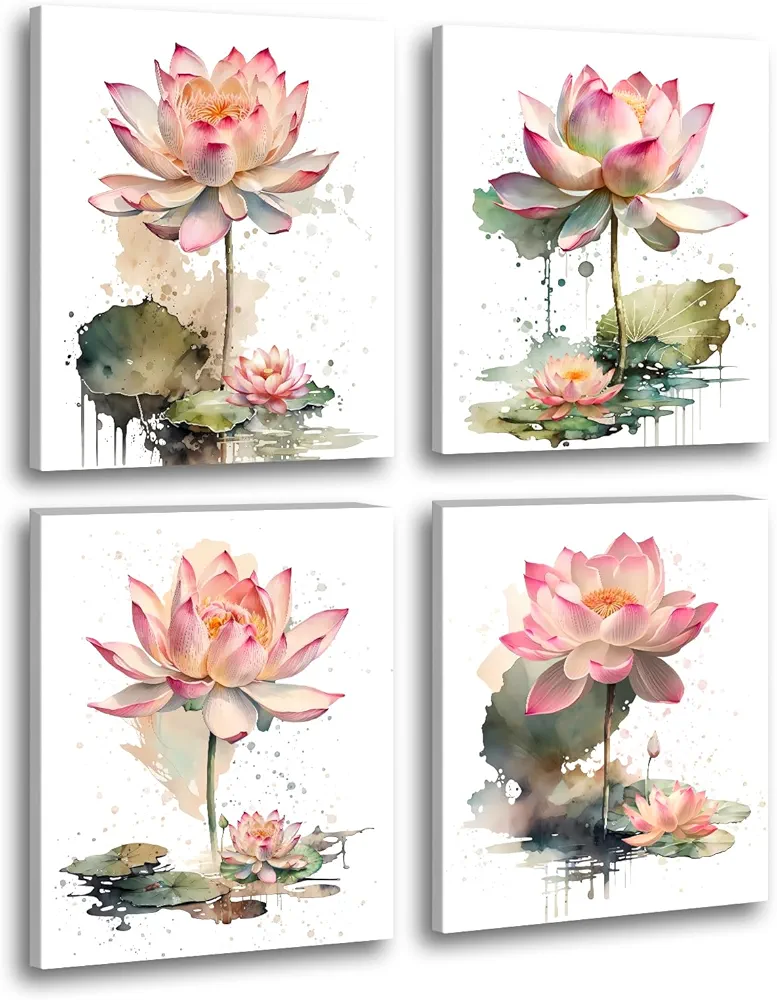 Framed Lotus Flower Canvas Wall Art,Lotus Floral Wall Art Prints,Watercolor Lotus Bloom Meditation Poster,Pink Lotus Flower Zen Canvas Wall Art for Office Bathroom Room Decor Set of 4(8" X 10")