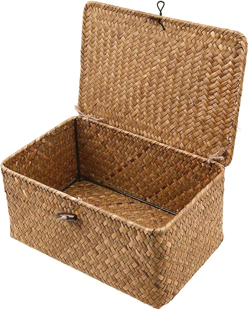 Wicker Storage Basket Woven Rattan Storage Box With Lids Seagrass Laundry Baskets Makeup Organizer For Bathroom, Living Room, Kitchen (S)