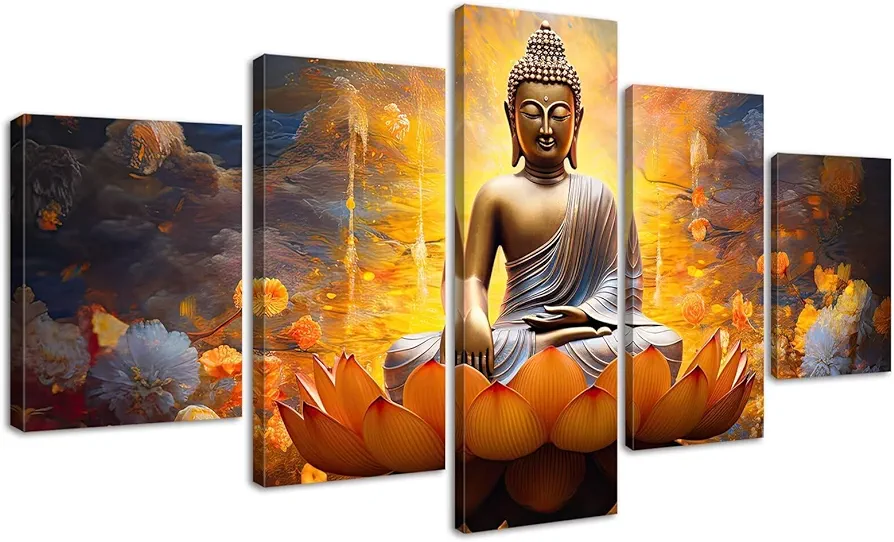 DJSYLIFE Gold Buddha Wall Art for Living Room Large 5 Piece Zen Photo Picture HD Canvas Print Paintings for Yoga Room Home Decor Modern Artwork Wooden Framed Ready to Hang Decorations (60" W x 32" H)