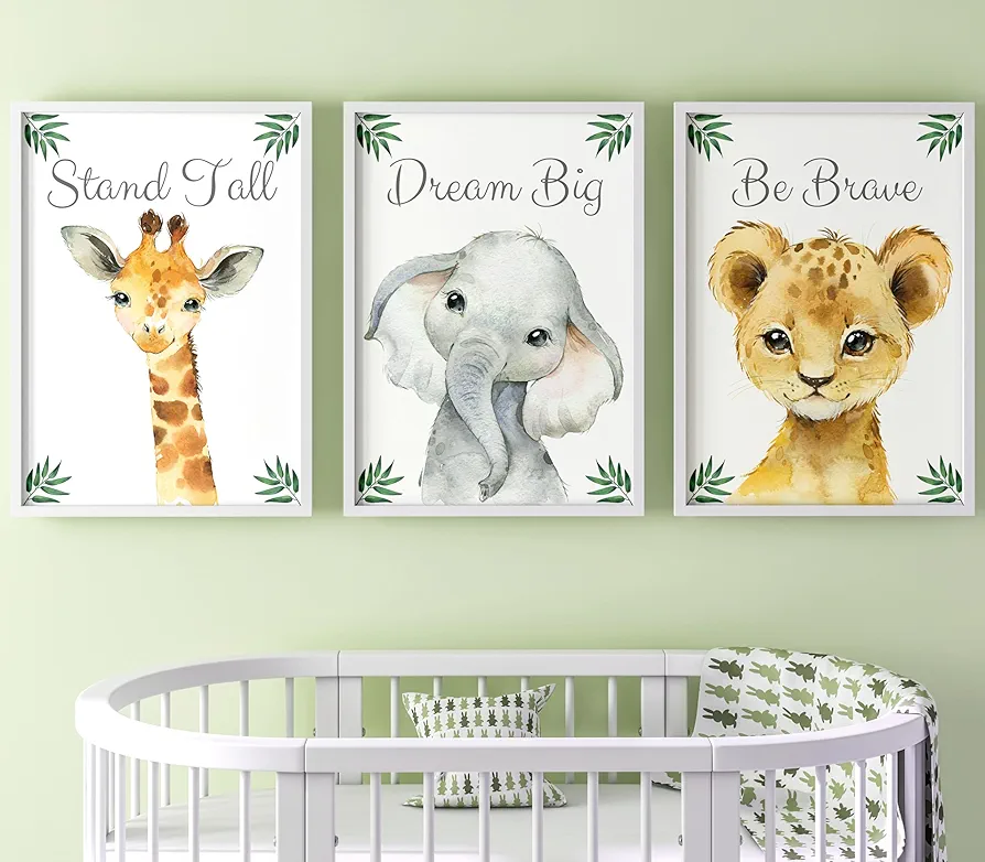 Baby Safari Animals for Girl or Boy Nursery Bedroom, Set of 3 Unframed Wall Art Prints, Jungle Leaves Quote Posters, Nursery Decor Gift, Giraffe Elephant Lion, Stand Tall Dream Big Be Brave (11x14)