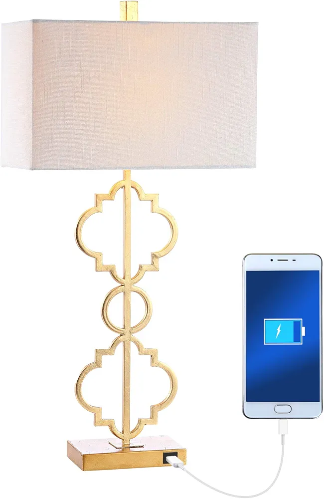 JONATHAN Y JYL3071A Selina 32" Iron Ogee Trellis Modern LED USB Table Lamp Contemporary Bedside Desk Nightstand Lamp for Bedroom Living Room Office College Bookcase LED Bulb Included, Gold Leaf