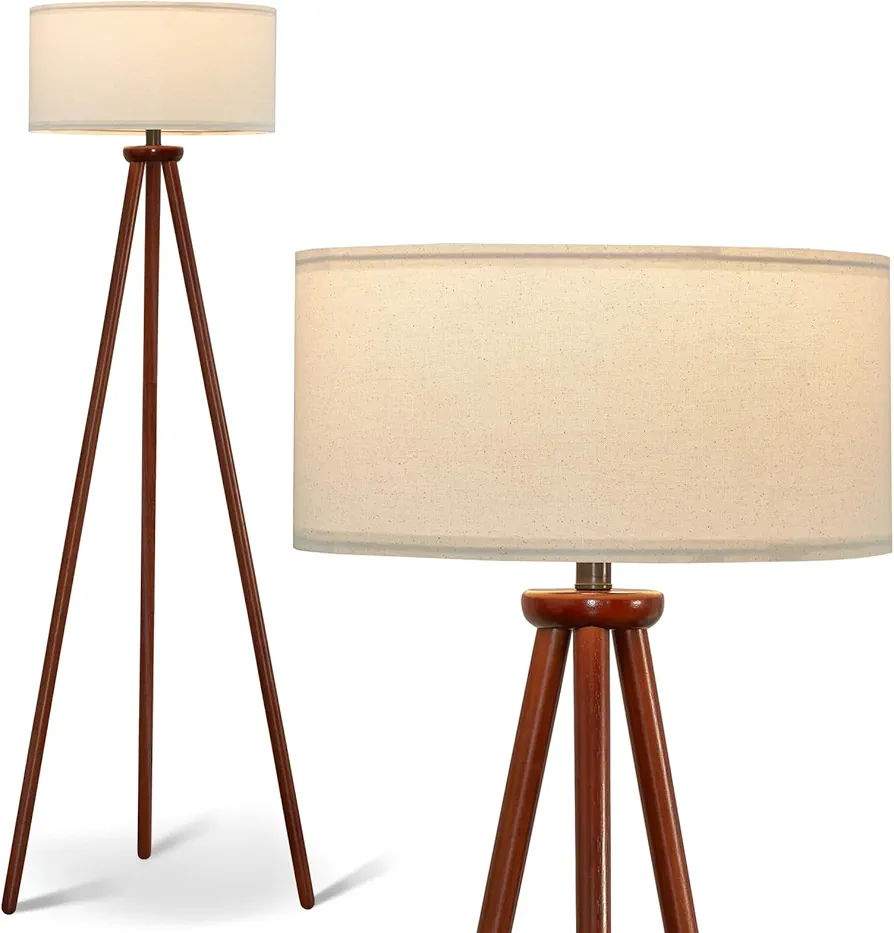 YUNHONG Tripod Floor Lamp, Dimmable Mid Century Floor Lamp Using Premium Flaxen Lamp Shade, Modern Design Standing Lamp with E26 Lamp Base, Wood Tall Floor Lamps for Living Room, Bedroom and Office