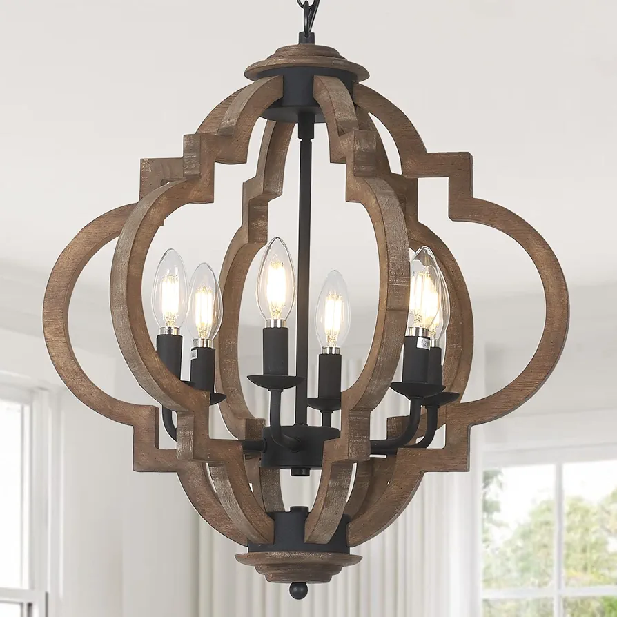 Farmhouse Chandeliers for Dining Room, 6-Light Rustic Dining Room Light Fixture Over Table, Wood Black Hanging Pendant Lights Kitchen Island, Boho Chandelier for Bedrooms Entryway Living Room