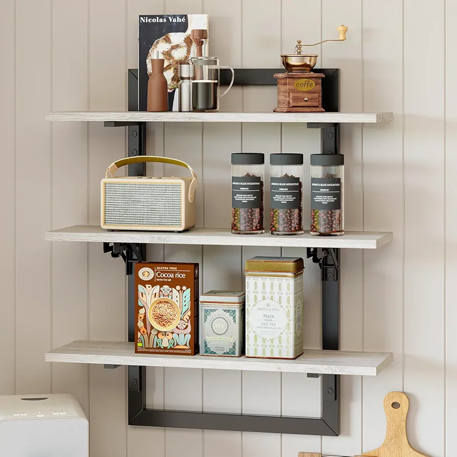 Bestier Floating Shelves for Wall, 24 inch Kitchen Shelves Wall Mounted, 3 Tier Coffee Bar Shelf with Foldable Brackets, Industrial Display Shelf for Bathroom, Living Room, Retro Grey