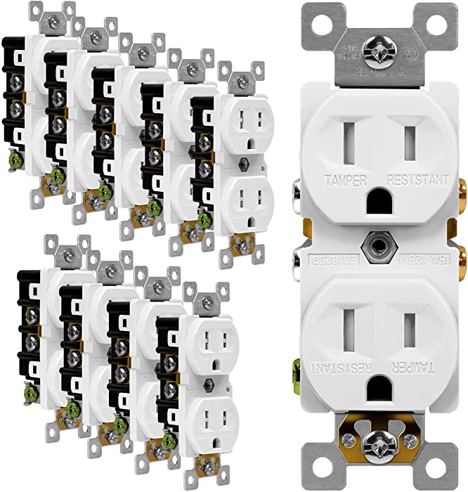 ENERLITES Duplex Receptacle Outlet, Tamper-Resistant Electrical Wall Outlets, Residential Grade, 3-Wire, Self-Grounding, 2-Pole,15A 125V, UL Listed, 61580-TR-W-10PCS, White (10 Pack)