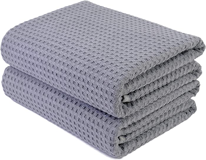 Polyte Microfiber Oversize Quick Dry Lint Free Bath Towel, 60 x 30 in, Set of 2 (Gray, Waffle Weave)