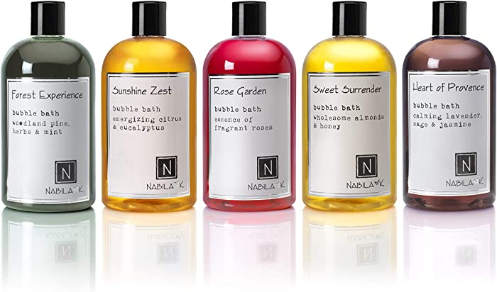 Assorted Bubble Baths Collection (5 x 16oz Bottles) by Nabila K: Forest Experience, Sunshine Zest, Rose Garden, Sweet Surrender, Heart of Provence