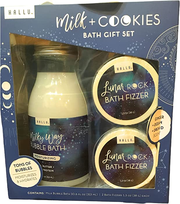 (1) Hallu Milk &Cookies Bath Gift Set - Set Includes 10.6 oz Milky Way moisturizing Bubble Bath, 2 1.3 oz Lunar Rock Bath Fizzer Ginger+ Ocean + Orchid Scent