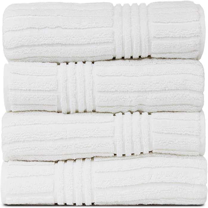 BC BARE COTTON Luxury Hotel & Spa 100% Natural Turkish Cotton Ribbed Channel Pattern Bath Towel (Set of 4), White