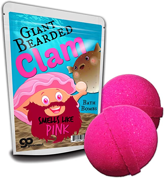 Gears Out Giant Bearded Clam Bath Bombs - Funny Pink Clam Design - XL Bath Fizzers for Women - XL Pink Bath Balls, Handcrafted, Made in America, 2 pk