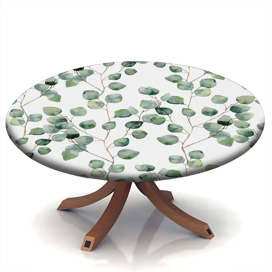 SongYi Fitted Tablecloth Round, Watercolour Green Leaf Elastic Edge Polyester Decorative Table Cover, Fit for 24" Round Table, Dust & Oil Proof Washable Tablecloth for Living Room Patio Decor Use