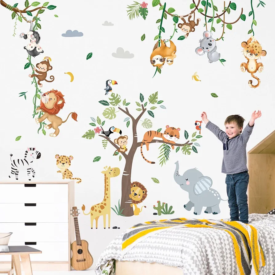 decalmile Safari Animals Tree Wall Decals Elephant Giraffe Lion Wall Stickers Baby Nursery Kids Bedroom Toddler Room Wall Decor