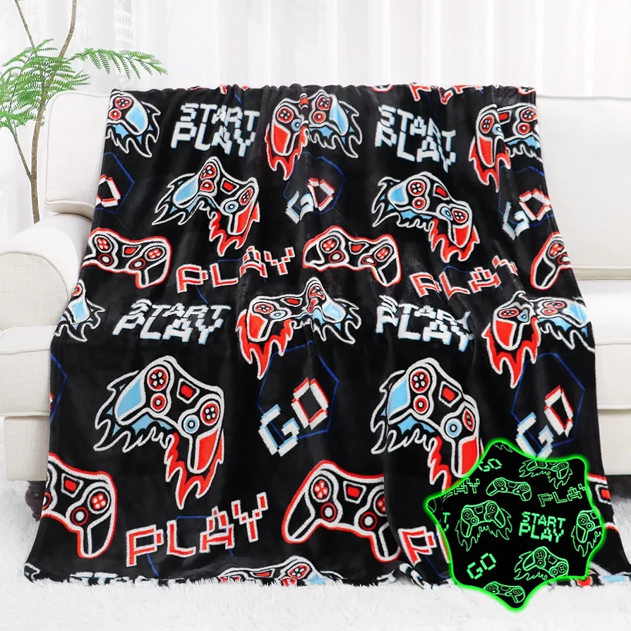 Glow in The Dark Video Gaming Blanket Soft Fuzzy Gamer Throw Blanket Boys Room Decor Game Gifts for Men Teens Couch Sofa Bedroom