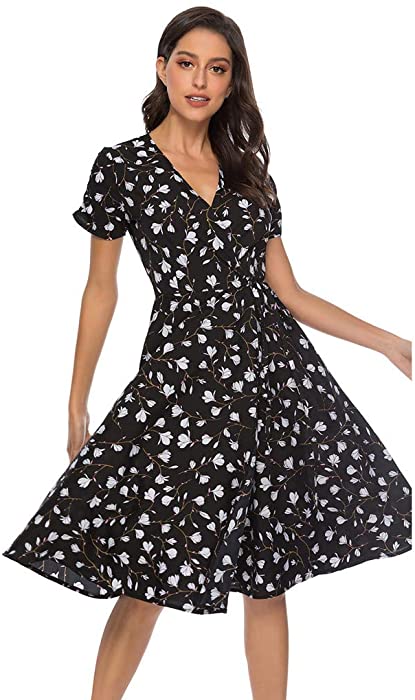 MOMKER Women's Summer Boho Dresses Short Sleeve V Neck Floral Print Midi Dresses