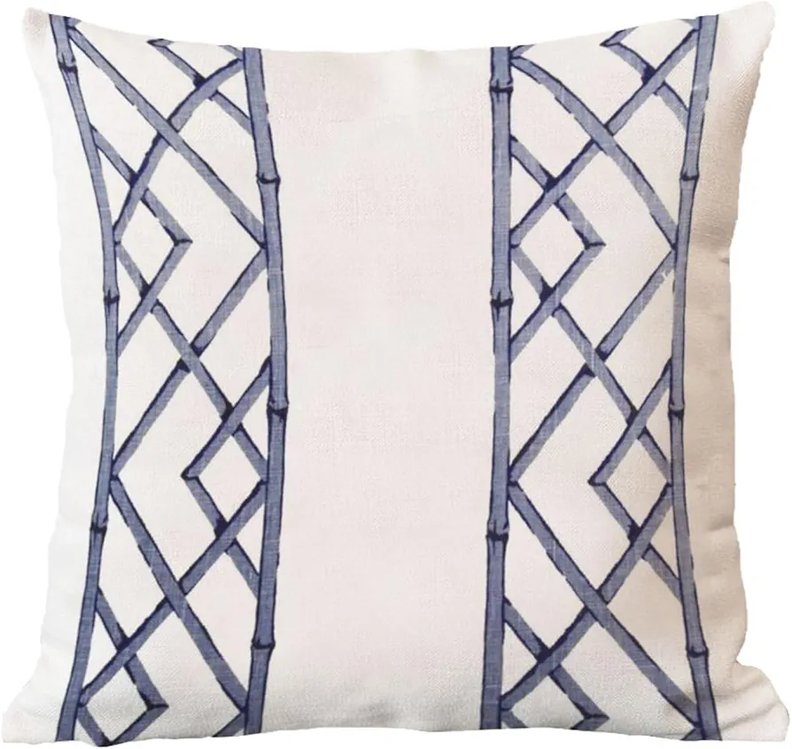 Blue and White Geometric Latticely Ultramarine 18x18 Throw Pillow Cover Zipper Bamboo Trellis Decorative Pillow Cover For Sofa Couch Living Room Housewarming Gift