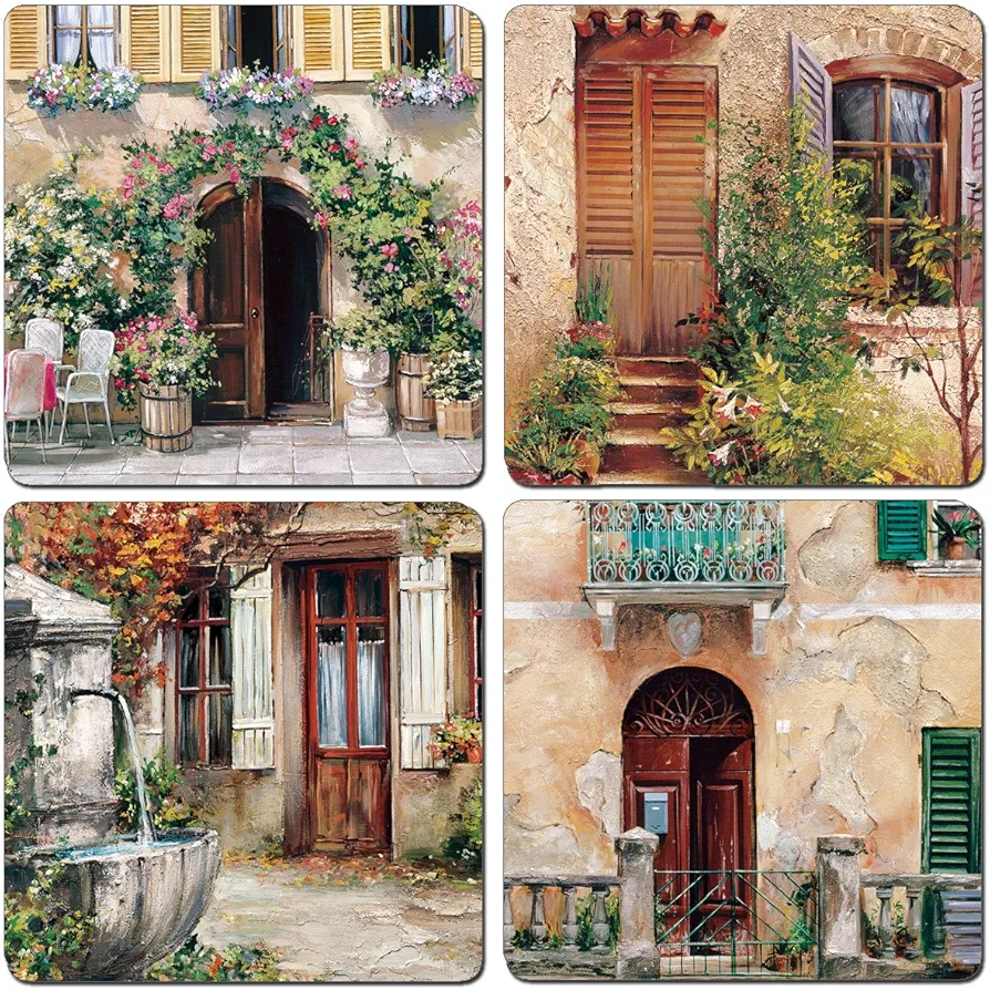 Tuscan Doorways Decorative Hardboard Cork Backed Coasters 4 Pack Manufactured in The USA Elegant Artistic Heat Tolerant Easily Wipes Clean