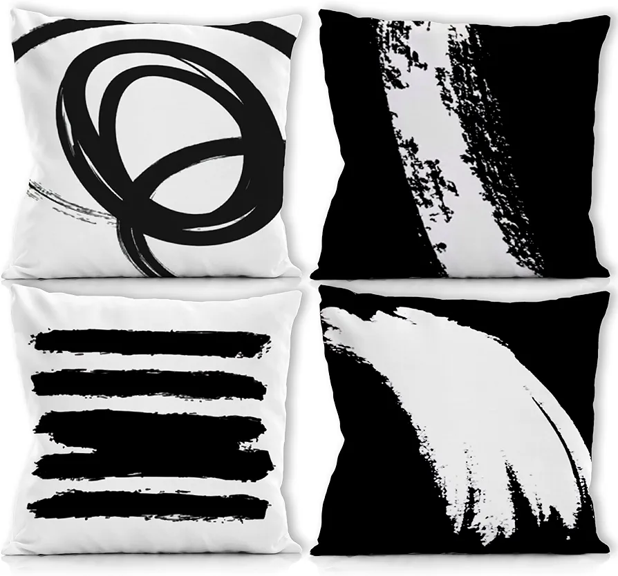 Natsunoblack And White Pillow Covers 18X18 Set Of 4, Black And White Pillow Covers,Abstract Pillow Covers,Geometric Pillow Cover For Couch Sofa Bedroom Living Room,Abstract Brush Throw Pillow Covers