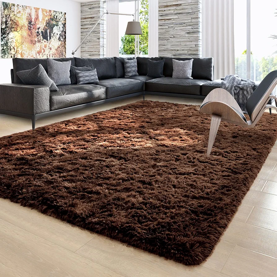 Ompaa Brown 8x10 Feet Large Area Rugs Fluffy Living Room Carpet, Wall to Wall Big Shag Coffee Rug for Bedroom Kids Playroom Classroom Nursery Home Office Decor