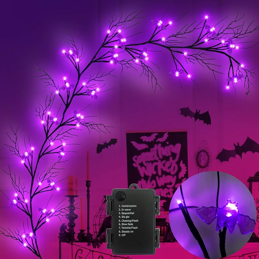 [Timer & 8 Modes] Krissing 6Ft 57 LED Halloween Willow Vine Twig Halloween Garland with 19 Bats Purple Lights Waterproof Battery Operated Halloween Lights Home Indoor Wall Fireplace Mantle Decor