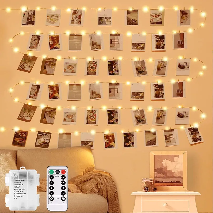 Photo Clip String Lights with Remote, 33FT 100 LED Battery Operated String Lights, Waterproof Copper Wire Starry Lights with 50 Clear Clips, Powered Fairy Lights for Teen Girl Gifts Bedroom 8 Modes