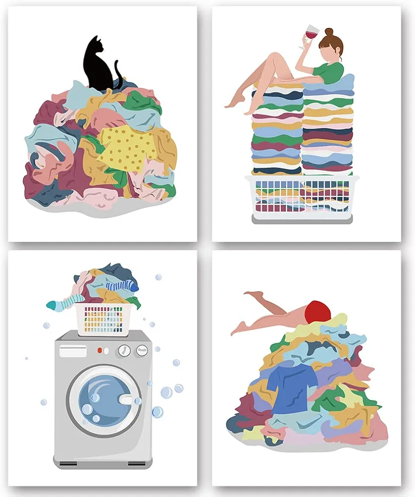 SUUURA-OO Laundry Room Wall Art Decor Prints Set of 4(8"x10" Unframed), Creative Illustration Laundry Room Rules Humorous Laundry Sign Posters for Women Mom Girl Sister Laundry Room