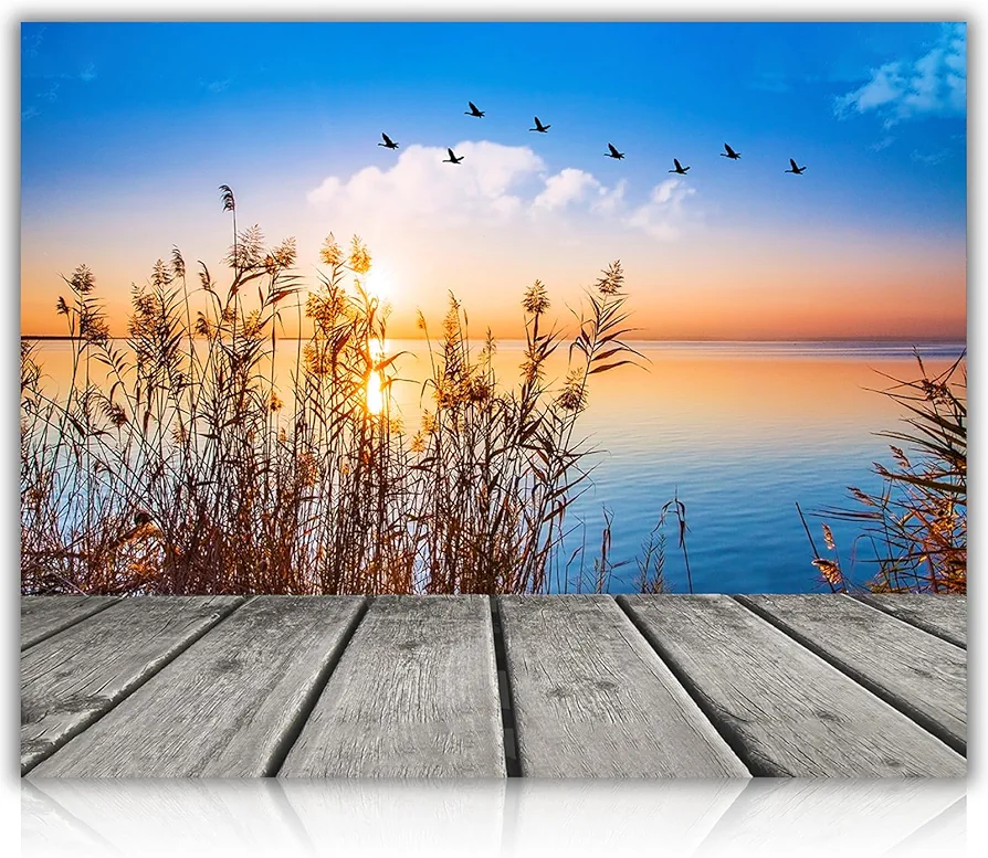 Rcddsay Rustic Seascape Wall Art Blue Ocean Sun Seaview Poster Beach Sunset Picture Dawn on the Lake Shore Landscapes Pictures for Bedroom Office Living Room 20x16 Inch UNFRAMED