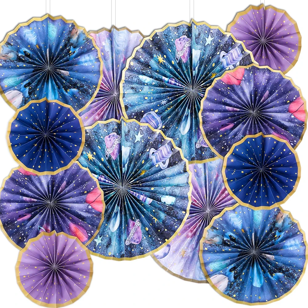 12 Pcs Hanging Paper Fans Decorations Back to School Colorful Round Paper Garlands Decor for Bulletin Board Wall School Classroom Decor Supplies Birthday Party Accessories (Galaxy)