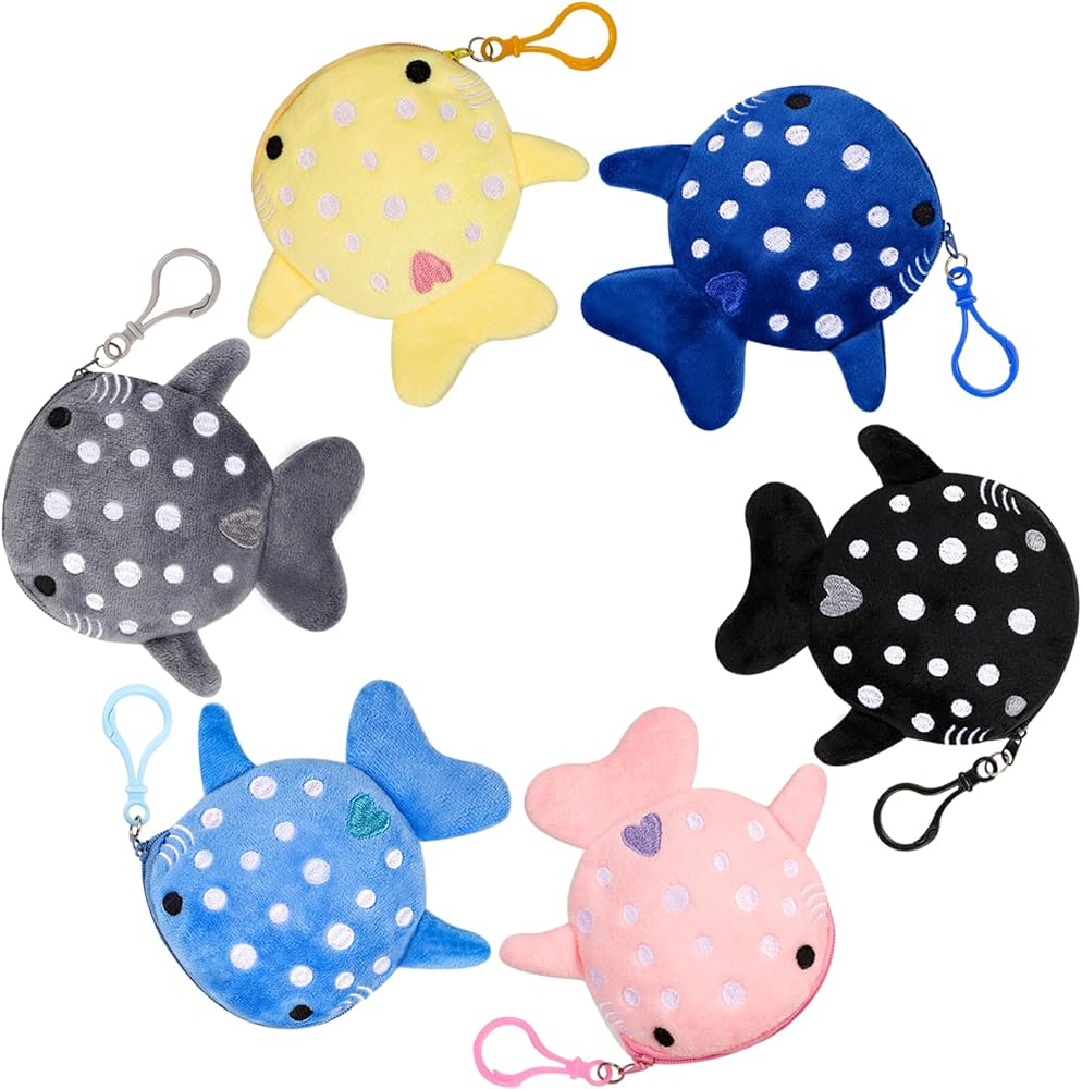 6PCS Cute Whale Shark Favors Plush Coin Purse Keychain Wallet Bags for Kids Summer Ocean Sea Party Favors Classroom Rewards Gifts, 5in Kids Small Stuffed Animal Pouch Bag with Zipper