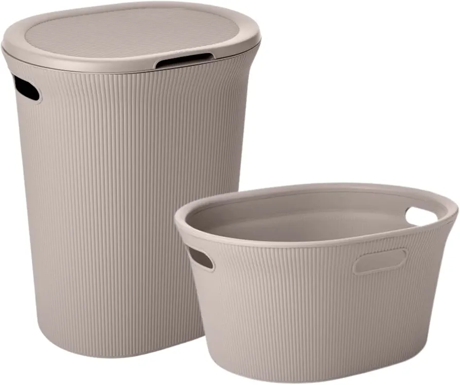 Superio Ribbed Collection - Decorative Plastic Laundry Basket & Laundry Hamper with Lid and Cut-Out Handles, Taupe (Set of 2) Organzier for Bedroom Bathroom College Dorm Room